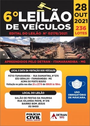 6° Leilão de Veículos: DETRAN-MG lança Edital de Leilão que será realizado em Itamarandiba com 236 veículos